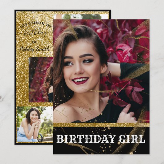 Matig elegant chic black en goudzoet 16 invita kaart (Voorkant / Achterkant)