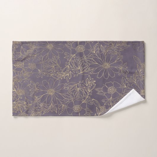 Matig elegant donkerlavender chic Gold floral Handdoek (Handdoek)