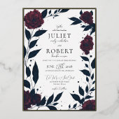 Matig Elegant Red Rose Black Leaf Weddenschap Gold Folie Uitnodiging (Voorkant)