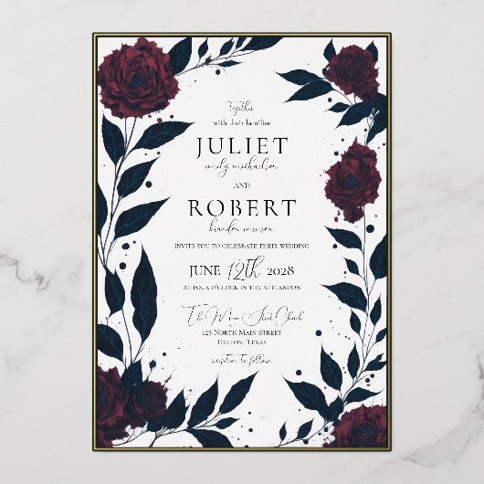 Matig Elegant Red Rose Black Leaf Weddenschap Gold Folie Uitnodiging (Voorkant)