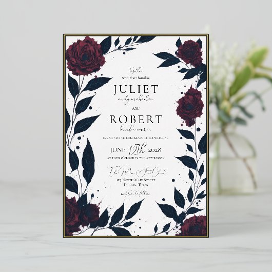 Matig Elegant Red Rose Black Leaf Weddenschap Gold Folie Uitnodiging (Staand Voorkant)