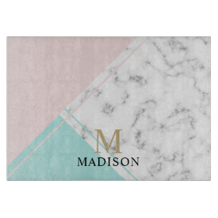 Matig elegant roze turkooizen marmer monogram snijplank