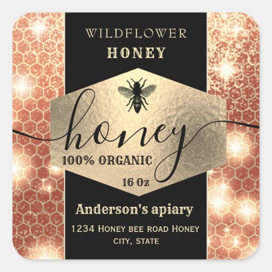 Matig elegant sparkle Gold bijenkast honingraan Vierkante Sticker (Voorkant)