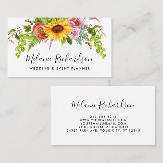 Matig Elegant Sunflower Greenery Floral Visitekaartje (Voorkant / Achterkant)