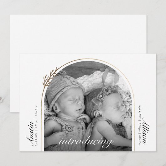 Matig en elegant Gulden Arch Twins Birth Aankondiging (Voorkant / Achterkant)