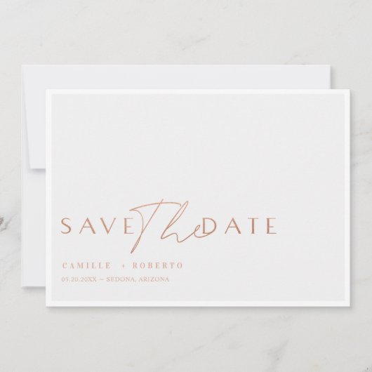 Matig en elegant Roos Blush Gold Script Save The Date (Voorkant)