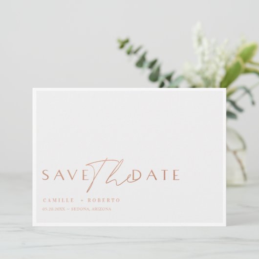 Matig en elegant Roos Blush Gold Script Save The Date (Staand voorkant)