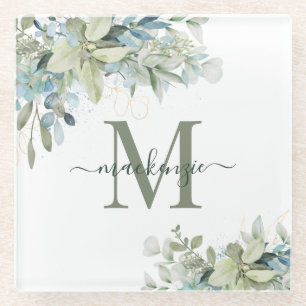 Matig Eucalyptus Botanische Floral Monogram Glazen Onderzetter