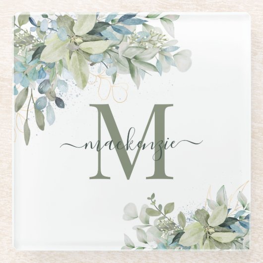 Matig Eucalyptus Botanische Floral Monogram Glazen Onderzetter (Voorkant)