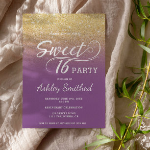Matig faux gold glitter ombre paars Sweet 16 Kaart