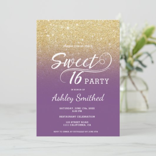 Matig faux gold glitter ombre paars Sweet 16 Kaart (Staand voorkant)