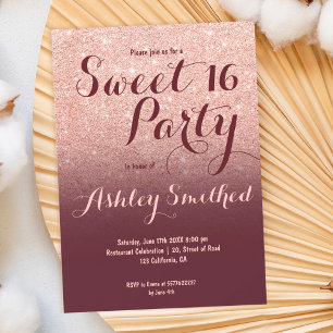 Matig faux roos gold glitter burgundy Sweet 16 Kaart