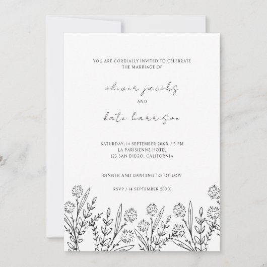 Matig fijne wilde bloem zwart en wit huwelijk kaart (Voorkant)