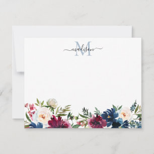Matig Floral Navy Blue Burgundy Red Rose Monogram Notitiekaartje