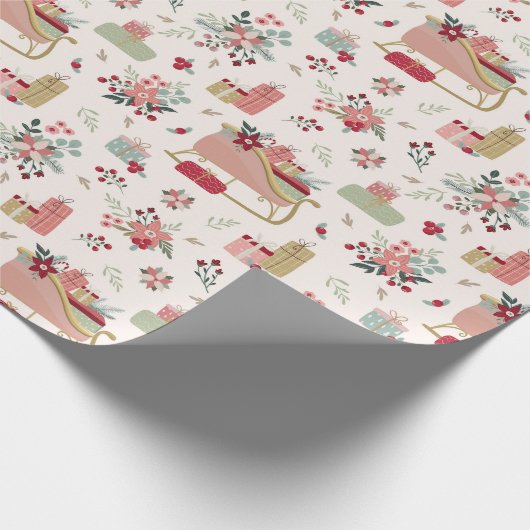 Matig Floral Pattern Santa Sleigh Kerstmis Cadeaupapier (Hoek)