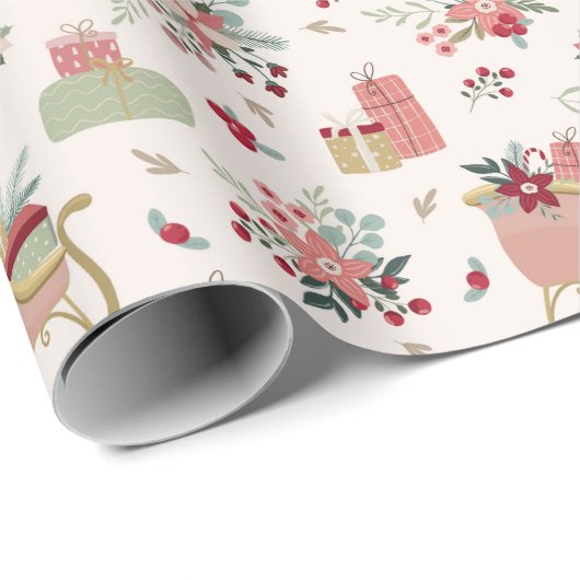 Matig Floral Pattern Santa Sleigh Kerstmis Cadeaupapier (Rol Hoek)