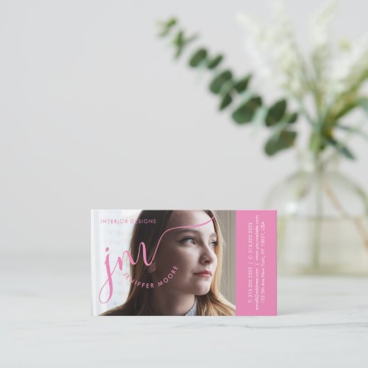 Matig foto-kromme Girly Pink-script monogram Visitekaartje (Staand voorkant)