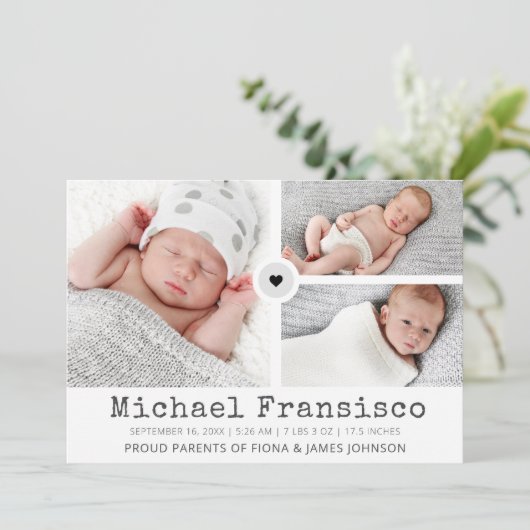 Matig fotoraster collage Stats Birth Aankondiging (Staand voorkant)