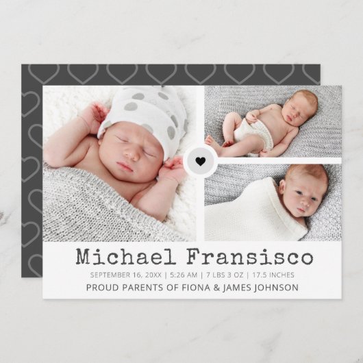 Matig fotoraster collage Stats Birth Aankondiging (Voorkant / Achterkant)