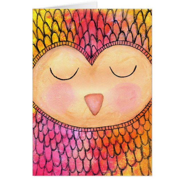 Matig Funky Sleepy Owl Mixed Media Painting (Voorkant)