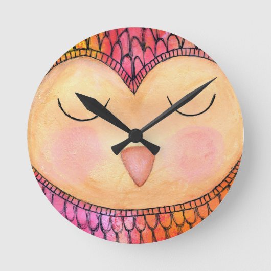 Matig Funky Sleepy Owl Mixed Media Painting Ronde Klok (Voorkant)