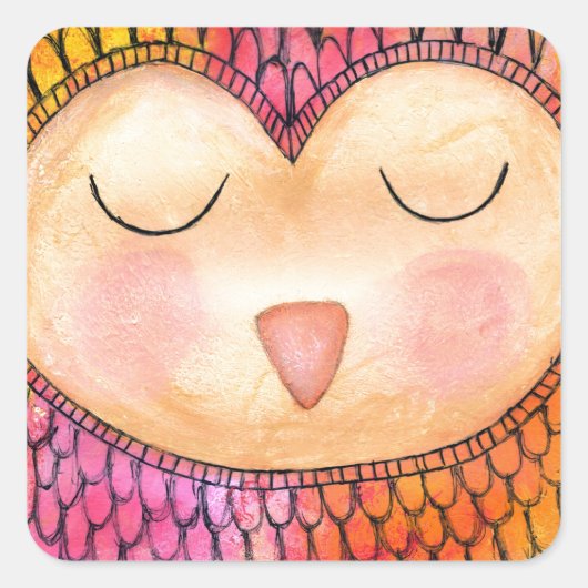 Matig Funky Sleepy Owl Mixed Media Painting Vierkante Sticker (Voorkant)