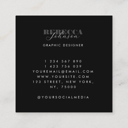 Matig gebold script voor Typografie Minimale zwart Vierkante Visitekaartje (Achterkant)