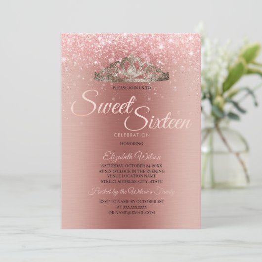 Matig geborsteld metaal Roos Glitter Sweet 16 Kaart (Staand voorkant)