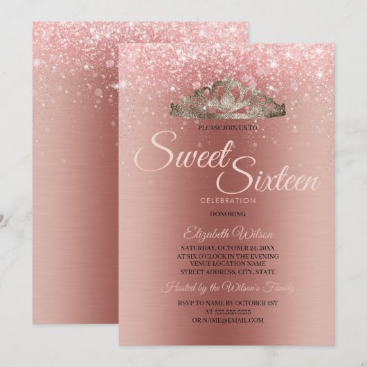 Matig geborsteld metaal Roos Glitter Sweet 16 Kaart (Voorkant / Achterkant)