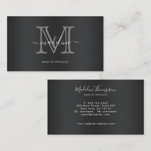 Matig geborsteld metaal zwart grijs monogram visitekaartje (Voorkant / Achterkant)