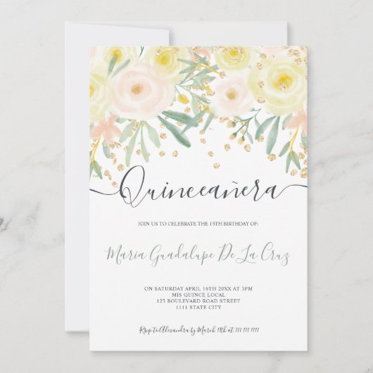 Matig geel roodgroen bloemgoud Quinceanera Kaart (Voorkant)