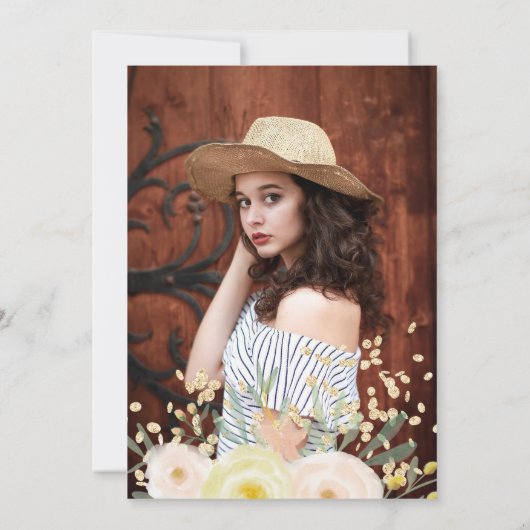 Matig geel roodgroen bloemgoud Quinceanera Kaart (Achterkant)