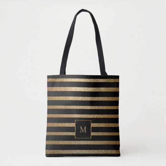 Matig gekleurde zwarte en goudstrepen, monogrammen tote bag (Voorkant)