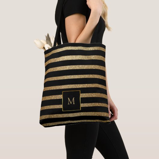 Matig gekleurde zwarte en goudstrepen, monogrammen tote bag (Dichtbij)