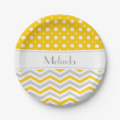 Matig gele, grijze, witte chevron- en polkadop papieren bordje (Voorkant)
