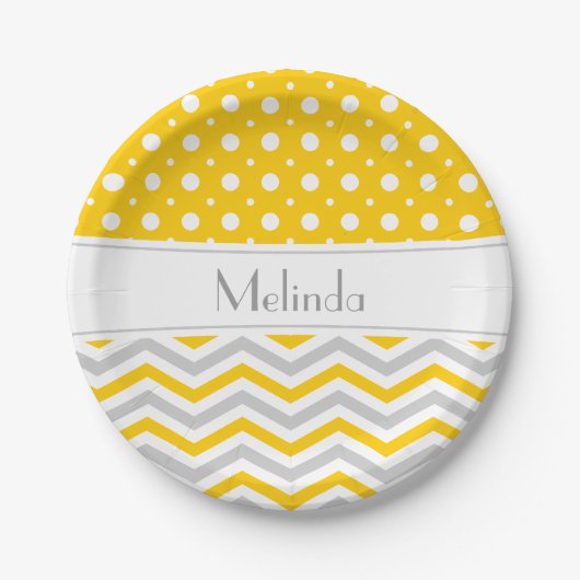 Matig gele, grijze, witte chevron- en polkadop papieren bordje (Voorkant)