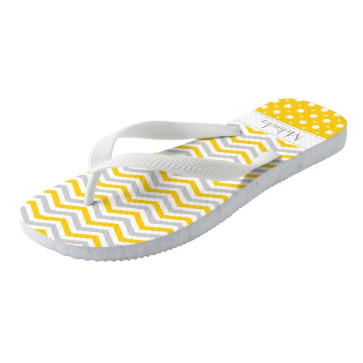 Matig gele, grijze, witte chevron- en polkadop teenslippers (Schuin)
