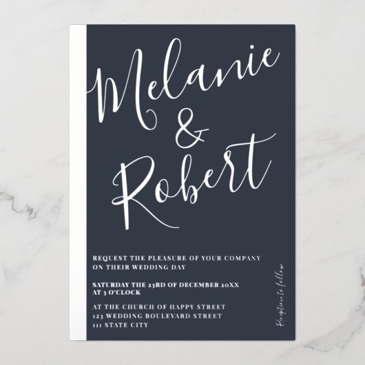 Matig gewaagd blauwe trouwfoto zilveren streep folie uitnodiging (Voorkant)