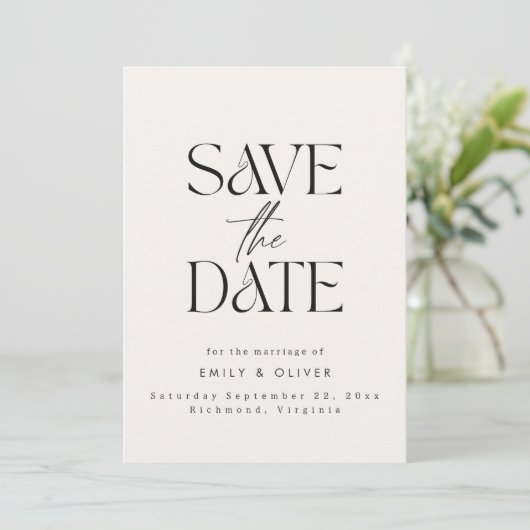 Matig gewaagd, trouwe trouwcrème zwarte elegant save the date (Staand voorkant)
