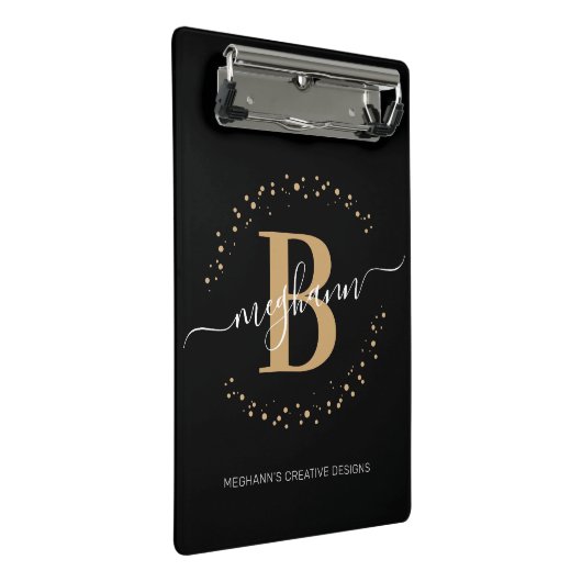 Matig Girly Black Gold Name Script Monogramed Mini Klembord (Schuin)