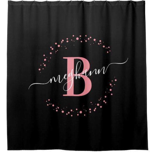 Matig Girly Black Pink Name Script Monogramed Douchegordijn (Voorkant)