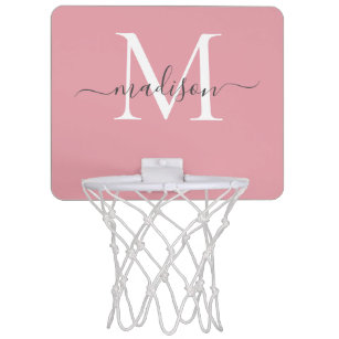 Matig Girly Blush Pink Grey Monogram Script Name Mini Basketbalbord