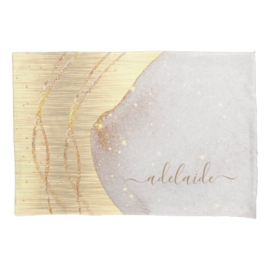 Matig Girly Gold Glitter Script Monogram Naam Kussensloop (Voorkant-Links)