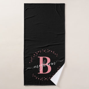 Matig Girly Pink Black Name Script Monogramed Badhanddoek