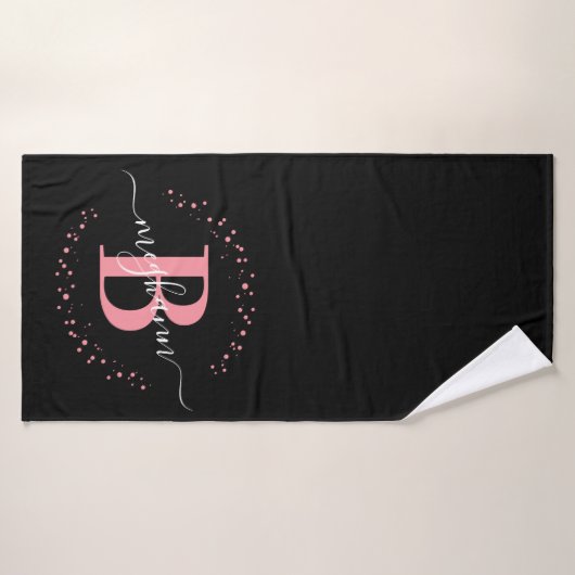 Matig Girly Pink Black Name Script Monogramed Badhanddoek (Badhanddoek)