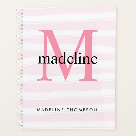 Matig Girly Pink Stripes Monogram Initiaal Planner (Voorkant)