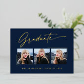 Matig Gold Ink Script Navy Blue Afstudeerder-fotok Folie Uitnodiging (Staand Voorkant)