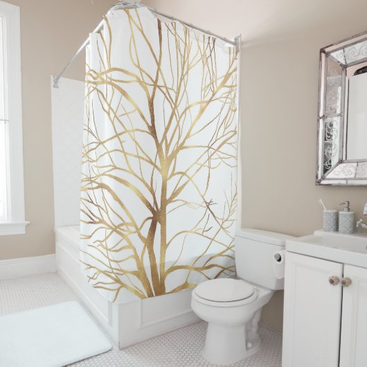 Matig Gold Tree Silhouette Minimaal wit ontwerp Douchegordijn (In situ)