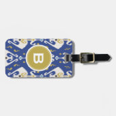 Matig goudblauw ikattribaal monogram bagagelabel (Voorkant horizontaal)