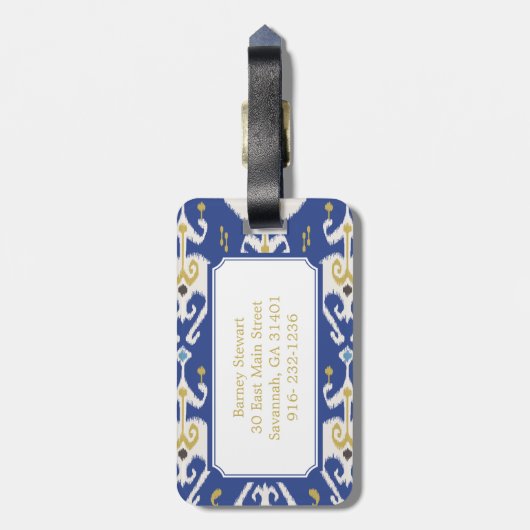 Matig goudblauw ikattribaal monogram bagagelabel (Achterkant verticaal)